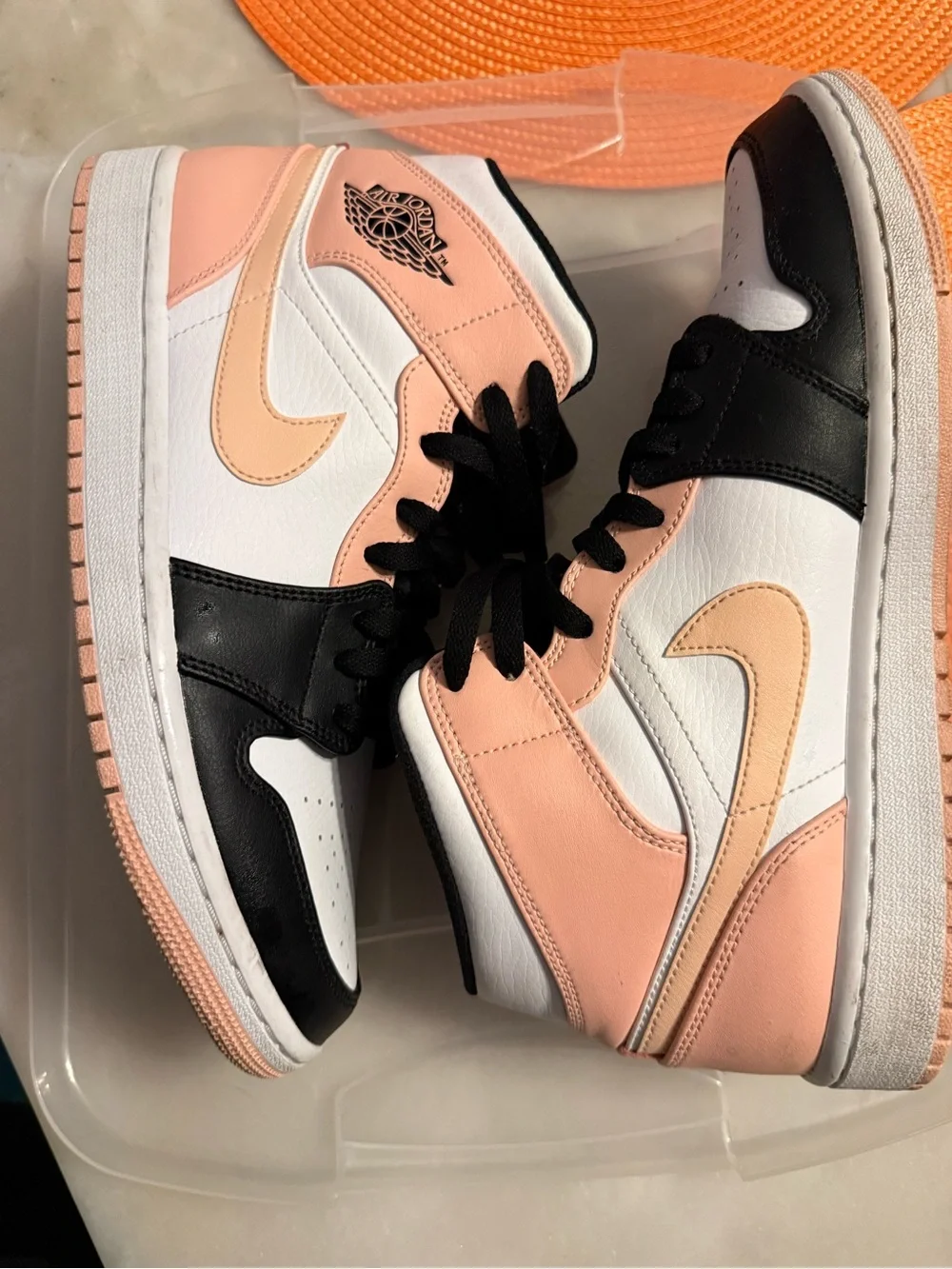 Jordan Mid-Top Sneakers in White, Black & Peach